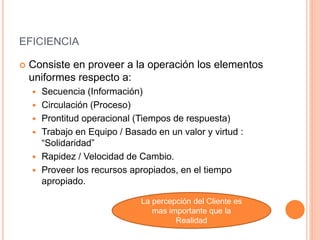 EFICIENCIA
 Consiste en proveer a la operación los elementos
uniformes respecto a:
 Secuencia (Información)
 Circulación (Proceso)
 Prontitud operacional (Tiempos de respuesta)
 Trabajo en Equipo / Basado en un valor y virtud :
“Solidaridad”
 Rapidez / Velocidad de Cambio.
 Proveer los recursos apropiados, en el tiempo
apropiado.
La percepción del Cliente es
mas importante que la
Realidad
 