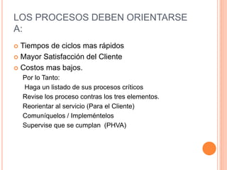 LOS PROCESOS DEBEN ORIENTARSE
A:
 Tiempos de ciclos mas rápidos
 Mayor Satisfacción del Cliente
 Costos mas bajos.
Por lo Tanto:
Haga un listado de sus procesos críticos
Revise los proceso contras los tres elementos.
Reorientar al servicio (Para el Cliente)
Comuníquelos / Impleméntelos
Supervise que se cumplan (PHVA)
 