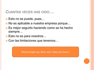 CUANTAS VECES HAS OIDO….
 Esto no se puede, pues…
 No es aplicable a nuestra empresa porque…
 Es mejor seguirlo haciendo como se ha hecho
siempre…
 Esto no es para nosotros…
 Con las limitaciones que tenemos…
What brought you here, won`t take you there !!
 
