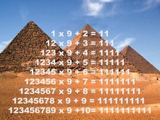 1 x 9 + 2 = 11 12 x 9 + 3 = 111 123 x 9 + 4 = 1111 1234 x 9 + 5 = 11111 12345 x 9 + 6 = 111111 123456 x 9 + 7 = 1111111 1234567 x 9 + 8 = 11111111 12345678 x 9 + 9 = 111111111  123456789 x 9 +10= 1111111111 
