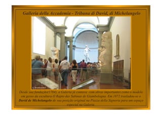 Desde sua fundação(1784), a Galeria já contava com obras importantes como o modelo
em gesso da escultura O Rapto das Sabinas de Giambologna. Em 1872 trasladou-se o
David de Michelangelo de sua posição original na Piazza della Signoria para um espaço
especial na Galeria.
Galleria della Accademia - Tribuna di David, di Michelangelo
 