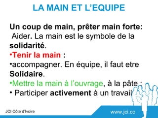 LA MAIN ET L’EQUIPE

  Un coup de main, prêter main forte:
   Aider. La main est le symbole de la
  solidarité.
  •Tenir la main :
  •accompagner. En équipe, il faut etre
  Solidaire.
  •Mettre la main à l’ouvrage, à la pâte :
  • Participer activement à un travail

JCI Côte d’Ivoire               www.jci.cc
 