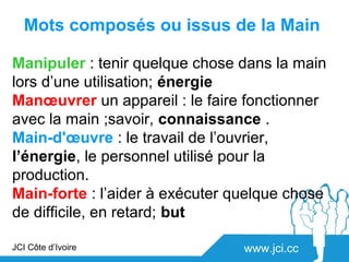 Mots composés ou issus de la Main

Manipuler : tenir quelque chose dans la main
lors d’une utilisation; énergie
Manœuvrer un appareil : le faire fonctionner
avec la main ;savoir, connaissance .
Main-d'œuvre : le travail de l’ouvrier,
l’énergie, le personnel utilisé pour la
production.
Main-forte : l’aider à exécuter quelque chose
de difficile, en retard; but

JCI Côte d’Ivoire                www.jci.cc
 