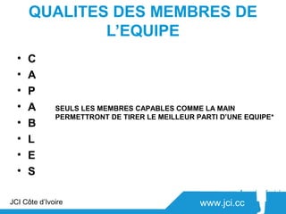QUALITES DES MEMBRES DE
              L’EQUIPE
  •   C onnaissance,       Connaitre son sujet et les autres,
                           savoir, savoir faire, savoir être
  •   A ction,            Agir , succès:10% inspiration et 90 % transpiration

  •   P ersévérance,      Retenir la leçon de l’échec , jamais d’abandon.

  •   A mour, LES MEMBRES CAPABLESfait et les co-équipiers
            SEULS          Aimer ce qu’on COMME LA MAIN
            PERMETTRONT DE TIRER LE MEILLEUR PARTI D’UNE EQUIPE*
  •   B ut,                Chaque acte avec un but, objectif de l’equipe
                           Donner la liberté d’agir, donner des
  •   L iberté             responsabilités, se libérer, proposer
  •   E nergie            Mobiliser les énergies pour l’obtention des
                          résultats
  •   S olidarité         Entraide, Contribution



JCI Côte d’Ivoire                                     www.jci.cc
 
