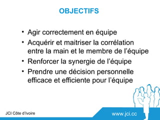 OBJECTIFS

         • Agir correctement en équipe
         • Acquérir et maitriser la corrélation
           entre la main et le membre de l’équipe
         • Renforcer la synergie de l’équipe
         • Prendre une décision personnelle
           efficace et efficiente pour l’équipe



JCI Côte d’Ivoire                    www.jci.cc
 