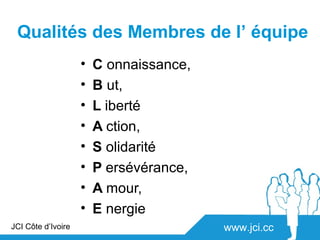 Qualités des Membres de l’ équipe
                    •   C onnaissance,
                    •   B ut,
                    •   L iberté
                    •   A ction,
                    •   S olidarité
                    •   P ersévérance,
                    •   A mour,
                    •   E nergie
JCI Côte d’Ivoire                        www.jci.cc
 