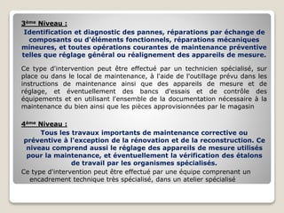 3ème Niveau :
Identification et diagnostic des pannes, réparations par échange de
composants ou d'éléments fonctionnels, réparations mécaniques
mineures, et toutes opérations courantes de maintenance préventive
telles que réglage général ou réalignement des appareils de mesure.
Ce type d'intervention peut être effectué par un technicien spécialisé, sur
place ou dans le local de maintenance, à l'aide de l'outillage prévu dans les
instructions de maintenance ainsi que des appareils de mesure et de
réglage, et éventuellement des bancs d'essais et de contrôle des
équipements et en utilisant l'ensemble de la documentation nécessaire à la
maintenance du bien ainsi que les pièces approvisionnées par le magasin
4ème Niveau :
Tous les travaux importants de maintenance corrective ou
préventive à l'exception de la rénovation et de la reconstruction. Ce
niveau comprend aussi le réglage des appareils de mesure utilisés
pour la maintenance, et éventuellement la vérification des étalons
de travail par les organismes spécialisés.
Ce type d'intervention peut être effectué par une équipe comprenant un
encadrement technique très spécialisé, dans un atelier spécialisé
 