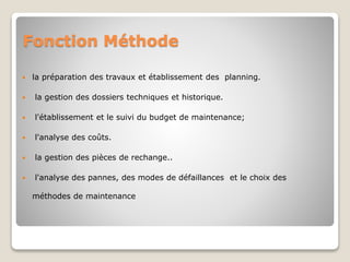 Fonction Méthode
 la préparation des travaux et établissement des planning.
 la gestion des dossiers techniques et historique.
 l'établissement et le suivi du budget de maintenance;
 l'analyse des coûts.
 la gestion des pièces de rechange..
 l'analyse des pannes, des modes de défaillances et le choix des
méthodes de maintenance
 