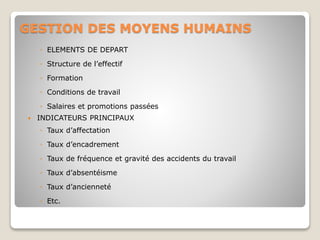 GESTION DES MOYENS HUMAINS
◦ ELEMENTS DE DEPART
◦ Structure de l’effectif
◦ Formation
◦ Conditions de travail
◦ Salaires et promotions passées
 INDICATEURS PRINCIPAUX
◦ Taux d’affectation
◦ Taux d’encadrement
◦ Taux de fréquence et gravité des accidents du travail
◦ Taux d’absentéisme
◦ Taux d’ancienneté
◦ Etc.
 