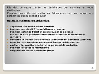 8
Elle doit permettre d’éviter les défaillances des matériels en cours
d’utilisation.
L’analyse des coûts doit mettre en évidence un gain par rapport aux
défaillances qu’elle permet d’éviter.
But de la maintenance préventive :
 Augmenter la durée de vie des matériels
 Diminuer la probabilité des défaillances en service
 Diminuer les temps d’arrêt en cas de révision ou de panne
 Prévenir et aussi prévoir les interventions coûteuses de maintenance
corrective
 Permettre de décider la maintenance corrective dans de bonnes conditions
 Eviter les consommations anormales d’énergie, de lubrifiant, etc.
 Améliorer les conditions de travail du personnel de production
 Diminuer le budget de maintenance
 Supprimer les causes d’accidents graves
 