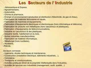 - Aéronautique et Espace,
- Agroalimentaire,
- Automobile,
- Chimie et pharmacie,
- Energie et environnement (production et distribution d'électricité, de gaz et d'eau),
- Fabrication de matériels ferroviaires et navals,
- Fabrication de machines et équipements,
- Fabrication d'équipements électriques et électroniques (hors informatique et télécoms),
- Fabrication de produits non métalliques (hors caoutchouc et plastiques),
- Fabrication d'équipements de télécommunications,
- Industrie du caoutchouc & des plastiques,
- Industrie textile, habillement et du bois,
- Autres industries manufacturières,
- Fabrication de matériel informatique,
- Métallurgie (hors nucléaire),
- Nucléaire,
-Pétrole.
Secteurs connexes
- Ingénierie, études techniques et maintenance,
- Construction (installation électrique, bâtiments industriels…),
- Commerce,
- Transports et communications,
- Activités juridiques (Droit de la propriété intellectuelle dans l'industrie),
- Activités de services aux industriels (management, audit, qualité…)
Les Secteurs de l’ Industrie
 