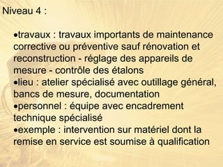 Niveau 4 :
travaux : travaux importants de maintenance
corrective ou préventive sauf rénovation et
reconstruction - réglage des appareils de
mesure - contrôle des étalons
lieu : atelier spécialisé avec outillage général,
bancs de mesure, documentation
personnel : équipe avec encadrement
technique spécialisé
exemple : intervention sur matériel dont la
remise en service est soumise à qualification
 