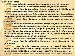 •Sigles de 4 lettres :
MTBD : mean time between defects, temps moyen entre défauts
MTBE : mean time between errors, temps moyen entre erreurs
MTBF : mean time before failure, temps moyen avant défaillance (à
ne pas confondre avec mean time between failures, infra)
MTBF: mean time between failures, temps moyen entre (deux débuts
de) pannes (à ne pas confondre avec mean time before failure supra)
MTBM : mean time between maintenances, durée moyenne entre
maintenances
MTBO : mean time between overhauls, temps moyen entre révisions
MTBR : mean time between removals, temps moyen entre déposes
MTTF : 1/ mean time to failure, temps moyen jusqu'à la panne, temps
moyen (de bon fonctionnement) sans panne (entre la fin d’une panne
et le début d’une autre); 2/ mean time to fix, temps moyen entre
l’apparition d’un problème et sa solution ;
MTTM : mean time to maintenance, temps moyen jusqu'à la maintenance
MTTN : mean time to notification, temps moyen de signalement (du
problème)
MTTR : 1/ mean time to recovery, temps moyen jusqu’à la remise en
route; 2/ mean time to repair, temps moyen jusqu'à la réparation; 3/
mean time to restoration, temps moyen jusqu'à la remise en service
MTUR : mean time to unscheduled removal, temps moyen (s’écoulant) jusqu’à la dépose non programmée
 