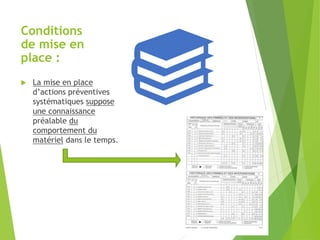 Conditions
de mise en
place :
 La mise en place
d’actions préventives
systématiques suppose
une connaissance
préalable du
comportement du
matériel dans le temps.
 