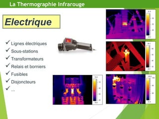 La Thermographie Infrarouge
Lignes électriques
Sous-stations
Transformateurs
Relais et borniers
Fusibles
Disjoncteurs
...
Electrique
 