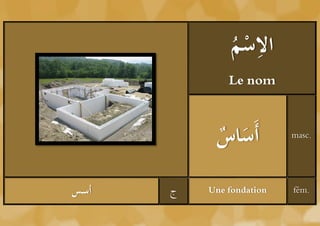 ِ
              ‫ال ْ م‬
              ُ ‫ُس‬
              Le nom



           ‫َ اس‬
           ُ ‫أَس‬          masc.




‫أسس‬   ‫ج‬   Une fondation   fém.
 
