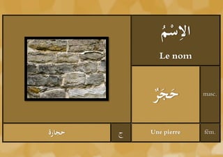 ‫ْم‬ ِ
               ُ ‫الس‬
              Le nom



            ‫َ َر‬
            ُ ‫حج‬         masc.




‫حجارة‬   ‫ج‬   Une pierre   fém.
 