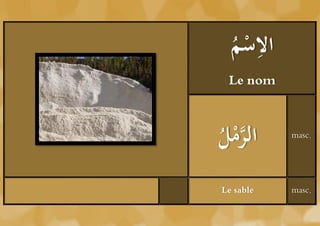 ‫ْم‬ ِ
  ُ ‫الس‬
 Le nom



‫ُ ْل‬
ُ ‫الرم‬
   َّ      masc.




Le sable   masc.
 