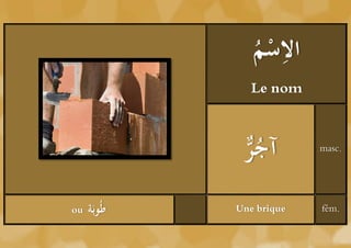 ‫ْم‬ ِ
                ُ ‫الس‬
                Le nom



              ‫ر‬
              ُ ‫آج‬        masc.




ou   ‫طوبَة‬   Une brique   fém.
 