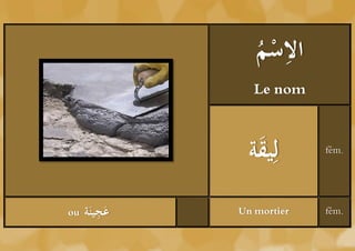 ‫ْم‬ ِ
                  ُ ‫الس‬
                  Le nom



                 ‫يقة‬
                  َ ِ‫ل‬      fém.




ou       َِ
     ‫ُعجينَة‬   Un mortier   fém.
 