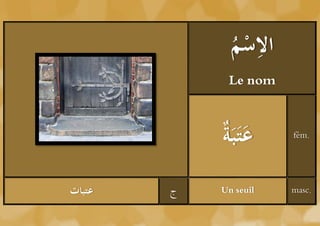 ‫ْم‬ ِ
              ُ ‫الس‬
             Le nom



            ‫َ ة‬
            ُ َ‫عتَب‬    fém.




‫عتبات‬   ‫ج‬   Un seuil   masc.
 