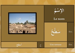 ‫ْم‬ ِ
               ُ ‫الس‬
              Le nom



            ‫َ ح‬
            ُ ْ‫سط‬         fém.




‫أسطح‬   ‫ج‬   Une terrasse   fém.
 