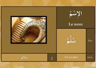 ‫ْم‬ ِ
               ُ ‫الس‬
               Le nom



             ُ َّ‫سل‬
             ‫م‬            fém.




‫ساللم‬   ‫ج‬   Un escalier   masc.
 