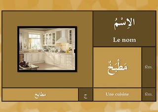 ‫ْم‬ ِ
               ُ ‫الس‬
               Le nom



            ‫َ خ‬
            ُ َ‫مطْب‬       fém.




‫مطابخ‬   ‫ج‬   Une cuisine   fém.
 