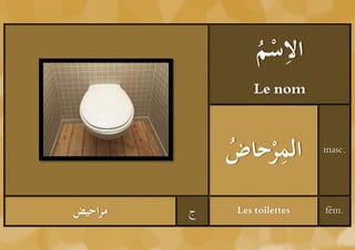 ‫ْم‬ ِ
                  ُ ‫الس‬
                  Le nom



             ‫ْحاض‬
             ُ ‫مر‬ ِ ‫ال‬        masc.




‫مراحيض‬   ‫ج‬    Les toilettes   fém.
 