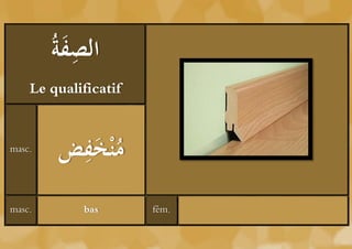 ‫َة‬ ِ ‫ال‬
        ُ ‫صف‬
    Le qualificatif


masc.     ِ ‫م ْنخ‬
         ‫َ فض‬
masc.       bas       fém.
 