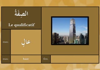 ‫َة‬ ِ ‫ال‬
        ُ ‫صف‬
    Le qualificatif


masc.
           ‫عال‬
           ُ
masc.       haut      fém.
 