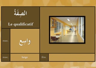 ‫َة‬ ِ ‫ال‬
        ُ ‫صف‬
    Le qualificatif


masc.      ِ
          ‫واسع‬
masc.       large     fém.
 