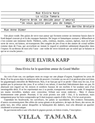 Rue	Elvira	Karp
La	villa	Tamara
Pierre	Brok	se	décide	pour	l’amiral
“Je	vous	quitte	pour	peu	de	temps…”
Rue	Berthe	Bretard
Rue	Anne	Dimer
	
Une	place	ronde.	Des	palais	de	verre	tout	autour	qui	forment	comme	un	immense	bassin	dans	le
fond	duquel	courent	çà	et	là	des	masques	humains.	De	larges	et	fantastiques	avenues	y	débouchent	et
c’est	comme	une	immense	étoile.	Théâtres,	cafés,	cinémas,	musées,	casinos,	églises,	tout	est	d’une
sorte	de	verre,	mi-laiteux,	mi-transparent.	Des	rangées	de	jets	d’eau	et	des	statues	de	cristal	taillées
comme	 dans	 de	 l’eau,	 qui	 accrochent	 un	 instant	 le	 regard	 et	 semblent	 subitement	 disparaître	 dans
l’espace.	Et	au-dessus	de	tout	cela	l’azur	:	une	voûte	de	verre	éclairée	par	un	soleil	qui	se	balance	et
qui	ne	se	couche	jamais…
	
RUE	ELVIRA	KARP
Dona	Elvira	fut	le	quatrième	amour	du	Grand	Muller
	
Au	coin	d’une	rue,	ces	quelques	mots	en	rouge	sur	une	plaque	d’argent,	frappèrent	les	yeux	de
Brok.	Il	se	les	grava	dans	la	mémoire	afin	de	pouvoir	s’orienter	au	cas	où	il	se	perdrait	plus	tard	dans
les	gigantesques	entrailles	de	Mullertown.	Non,	il	ne	faut	pas	qu’il	se	perde	!	Dans	tous	les	cas,	il	ne
quittait	pas	la	princesse	des	yeux.	Il	se	collait	à	ses	talons,	il	marchait	littéralement	dans	ses	pas.	Et
abaissant	 son	 regard	 sur	 les	 minces	 et	 sombres	 fuseaux	 de	 ses	 mollets	 il	 fut	 soudain	 saisi	 d’un
inextinguible	désir.	Il	se	les	représentait	nus	à	sa	portée,	transparents	comme	une	onde.	Il	imaginait
ses	 mains	 invisibles,	 tendues	 avec	 convoitise,	 frôlant	 son	 corps	 endormi…	 Mais	 il	 chassa
honteusement	 cette	 pensée.	 Pourtant,	 il	 lui	 avait	 promis	 son	 aide	 !	 Oui,	 il	 la	 toucherait,	 mais
uniquement	pour	lui	faire	comprendre	qu’il	était	toujours	auprès	d’elle.	Cela,	il	le	lui	avait	promis.
Cependant	 les	 boulevards,	 les	 carrefours,	 les	 palais	 se	 succédaient.	 Des	 trottoirs	 finissaient,
d’autres	recommençaient.	Des	allées	de	cactus	géants	et	de	palmiers,	de	tapis	de	fleurs,	des	serres,	de
petits	 lacs,	 des	 villas	 autour	 desquelles	 se	 balançaient	 des	 dattiers,	 tout	 cela	 dénotait	 un	 quartier
résidentiel	et	aristocratique.
Ils	parvinrent	enfin	à	une	villa	dont	le	pignon	portait,	en	lettres	irisées,	l’inscription	:
	
 