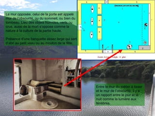 Le mur opposée, celui de la porte est appelé
mur de l’obscurité, ou du sommeil, ou bien du
tombeau. Lieu des objets humides, verts ou
crus, aussi de la mort s’oppose comme la
nature à la culture de la partie haute.
Présence d’une banquette assez large qui sert
d’abri au petit veau ou au mouton de la fête.
Entre le mur du métier à tisser
et le mur de l’obscurité, il y a
un rapport entre le jour et la
nuit comme la lumière aux
ténèbres.
 
