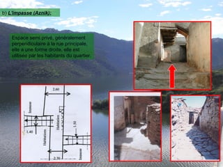 b) L'impasse (Aznik):
Espace semi privé, généralement
perpendiculaire à la rue principale,
elle a une forme droite, elle est
utilisée par les habitants du quartier.
 