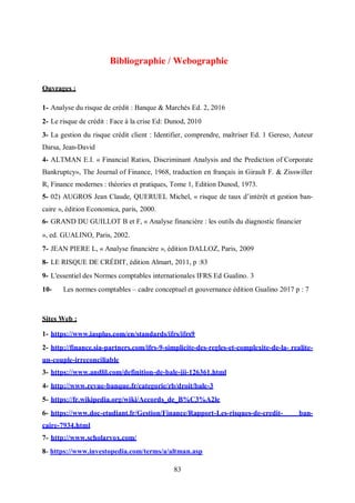 83
Bibliographie / Webographie
Ouvrages :
1- Analyse du risque de crédit : Banque & Marchés Ed. 2, 2016
2- Le risque de crédit : Face à la crise Ed: Dunod, 2010
3- La gestion du risque crédit client : Identifier, comprendre, maîtriser Ed. 1 Gereso, Auteur
Darsa, Jean-David
4- ALTMAN E.I. « Financial Ratios, Discriminant Analysis and the Prediction of Corporate
Bankruptcy», The Journal of Finance, 1968, traduction en français in Girault F. & Zisswiller
R, Finance modernes : théories et pratiques, Tome 1, Edition Dunod, 1973.
5- 02) AUGROS Jean Claude, QUERUEL Michel, « risque de taux d’intérêt et gestion ban-
caire », édition Economica, paris, 2000.
6- GRAND DU GUILLOT B et F, « Analyse financière : les outils du diagnostic financier
», ed. GUALINO, Paris, 2002.
7- JEAN PIERE L, « Analyse financière », édition DALLOZ, Paris, 2009
8- LE RISQUE DE CRÉDIT, édition Almart, 2011, p :83
9- L'essentiel des Normes comptables internationales IFRS Ed Gualino. 3
10- Les normes comptables – cadre conceptuel et gouvernance édition Gualino 2017 p : 7
Sites Web :
1- https://www.iasplus.com/en/standards/ifrs/ifrs9
2- http://finance.sia-partners.com/ifrs-9-simplicite-des-regles-et-complexite-de-la- realite-
un-couple-irreconciliable
3- https://www.andlil.com/definition-de-bale-iii-126361.html
4- http://www.revue-banque.fr/categorie/rb/droit/bale-3
5- https://fr.wikipedia.org/wiki/Accords_de_B%C3%A2le
6- https://www.doc-etudiant.fr/Gestion/Finance/Rapport-Les-risques-de-credit- ban-
caire-7934.html
7- http://www.scholarvox.com/
8- https://www.investopedia.com/terms/a/altman.asp
 