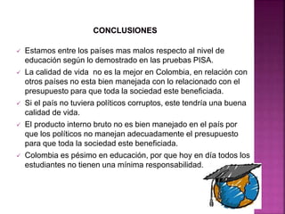  Estamos entre los países mas malos respecto al nivel de
educación según lo demostrado en las pruebas PISA.
 La calidad de vida no es la mejor en Colombia, en relación con
otros países no esta bien manejada con lo relacionado con el
presupuesto para que toda la sociedad este beneficiada.
 Si el país no tuviera políticos corruptos, este tendría una buena
calidad de vida.
 El producto interno bruto no es bien manejado en el país por
que los políticos no manejan adecuadamente el presupuesto
para que toda la sociedad este beneficiada.
 Colombia es pésimo en educación, por que hoy en día todos los
estudiantes no tienen una mínima responsabilidad.
 