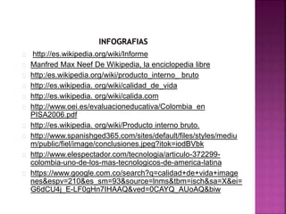 http://es.wikipedia.org/wiki/Informe
Manfred Max Neef De Wikipedia, la enciclopedia libre
http:/es.wikipedia.org/wiki/producto_interno_ bruto
http://es.wikipedia. org/wiki/calidad_de_vida
http://es.wikipedia. org/wiki/calida.com
http://www.oei.es/evaluacioneducativa/Colombia en
PISA2006.pdf
http://es.wikipedia. org/wiki/Producto interno bruto.
http://www.spanishged365.com/sites/default/files/styles/mediu
m/public/fiel/image/conclusiones.jpeg?itok=iodBVbk
http://www.elespectador.com/tecnologia/articulo-372299-
colombia-uno-de-los-mas-tecnologicos-de-america-latina
https://www.google.com.co/search?q=calidad+de+vida+image
nes&espv=210&es_sm=93&source=lnms&tbm=isch&sa=X&ei=
G6dCU4j_E-LF0gHn7IHAAQ&ved=0CAYQ_AUoAQ&biw
 