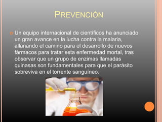 PREVENCIÓN
   Un equipo internacional de científicos ha anunciado
    un gran avance en la lucha contra la malaria,
    allanando el camino para el desarrollo de nuevos
    fármacos para tratar esta enfermedad mortal, tras
    observar que un grupo de enzimas llamadas
    quinasas son fundamentales para que el parásito
    sobreviva en el torrente sanguíneo.
 