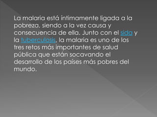 La malaria está íntimamente ligada a la 
pobreza, siendo a la vez causa y 
consecuencia de ella. Junto con el sida y 
la tuberculosis, la malaria es uno de los 
tres retos más importantes de salud 
pública que están socavando el 
desarrollo de los países más pobres del 
mundo. 
