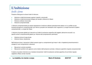 L’inibizione
livelli e forme
Possiamo distinguere tra diversi livelli di inibizione:
Inibizione a livello dei processi superiori (cognitivi, emozionali),
Inibizione a livello dei processi biologici più semplici (inibizione di riflessi)
Inibizione cellulare (neuronale)
Inibizione comportamentale
L’inibizione comportamentale può essere espressione di inibizione cellulare particolarmente estesa o di un conflitto tra due
eccitazioni/programmi comportamentali; può riferirsi a processi che interessano tutto l’organismo o a singoli frammenti di pattern
comportamentali, o a singoli atti riflessi.
L’inibizione di processi globali può intervenire sul livello di eccitazione aspecifica del soggetto (attivazione-arousal) o su
specifici schemi comportamentali globali (es: inibizione del comportamento alimentare)
Inibizione tonica di lunga durata
Inibizione fasica, temporanea
Nell’inibizione tonica i meccanismi inibitori possono agire su comportamenti già messi in atto o impedendo preventivamente lo
sviluppo di nuovi comportamenti, attraverso:
Meccanismi centrali (encefalici)
Meccanismi periferici (che agiscono come riduttori dell’eccitazione centrale o inibiscono specifiche risposte comportamentali)
Il sistema muscolare interviene sia a modulare tonicamente i livelli di eccitazione centrale aspecifica che ad inibire risposte
vegetative (riflessi somato-viscerali)
La malattia, tra mente e corpo Mario D’Andreta 20/07/07 32/47
 