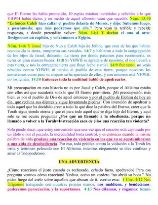 que El Eterno les había prometido, 10 espías estaban incrédulos y rebeldes a lo que
YHWH había dicho, y en medio de aquel alboroto vean que sucedió: Núm. 13:30
“Entonces Caleb hizo callar el pueblo delante de Moisés, y dijo: Subamos luego,
y poseámosla; que más podremos que ella.” Pero vean la terrible y rebelde
respuesta, a donde pretendían volver: Núm. 14:4 Y decían el uno al otro:
Designemos un capitán, y volvámonos a Egipto.
Núm. 14:6 Y Josué hijo de Nun y Caleb hijo de Jefone, que eran de los que habían
reconocido la tierra, rompieron sus vestidos, 14:7 y hablaron a toda la congregación
de los hijos de Israel, diciendo: La tierra por donde pasamos para reconocerla, es
tierra en gran manera buena. 14:8 Si YHWH se agradare de nosotros, él nos llevará a
esta tierra, y nos la entregará; tierra que fluye leche y miel. 14:9 Por tanto, no seáis
rebeldes contra YHWH, ni temáis al pueblo de esta tierra; porque nosotros los
comeremos como pan; su amparo se ha apartado de ellos, y con nosotros está YHWH;
no los temáis. 14:10 Entonces toda la multitud habló de apedrearlos.
Mi preocupación en esta historia no es por Josué y Caleb, porque el Altísimo estaba
con ellos así que sucedería solo lo que El Eterno permitiera. ¡Mi preocupación más
bien, es por el pueblo de Di-s de aquel entonces y por el pueblo de Elohim de hoy en
día, que rechina sus dientes y sigue levantando piedras! Con intención de apedrear a
todo aquel que ha decidido creer a todo lo que dice la palabra del Eterno, creer que la
Toráh sigue siendo eterna y que es para todo aquel que se diga hijo del Eterno, y aquí
solo se me ocurre preguntar ¿Por qué un llamado a la obediencia, porque un
llamado a volver a la Toráh=Instrucción saca de ellos una reacción tan violenta?
Solo puedo decir, que estoy convencido que una vez que el corazón está capturado por
un ídolo o por el pecado, la incredulidad toma control, y es entonces cuando la misma
palabra de vida produce una reacción de violencia en los que ya se acostumbraron
a una vida de desobediencia. Por eso, toda prédica contra la violación a la Toráh les
irrita y terminan peleando con El Altísimo, mientras ciegamente se dice confesar y
amar al Todopoderoso.
UNA ADVERTENCIA
¿Cómo reacciona el justo cuando es rechazado, echado fuera, apedreado? Para esa
pregunta veamos cómo reaccionó Yeshua, como un cordero “no abrió su boca.” No
pidas fuego del cielo sobre aquellos que abusan de ti, escrito esta: 1 Cor. 4:12 Nos
fatigamos trabajando con nuestras propias manos; nos maldicen, y bendecimos;
padecemos persecución, y la soportamos. 4:13 Nos difaman, y rogamos; hemos
 