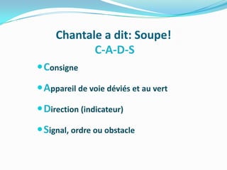 Chantale a dit: Soupe!
            C-A-D-S
 Consigne
 Appareil de voie déviés et au vert
 Direction (indicateur)
 Signal, ordre ou obstacle
 