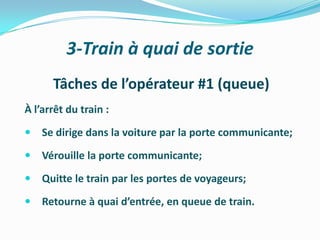 3-Train à quai de sortie
      Tâches de l’opérateur #1 (queue)
À l’arrêt du train :
   Se dirige dans la voiture par la porte communicante;
   Vérouille la porte communicante;
   Quitte le train par les portes de voyageurs;
   Retourne à quai d’entrée, en queue de train.
 