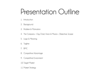 Presentation Outline
1. Introduction
2. Background
3. Problem & Motivation
4. The Company - Org. Chart, Vision & Mission , Objective, Scope
5. Logo & Meaning
6. Tagline
7. BMC
8. Competitive Advantage
9. Competitive Environment
10. Target Market
11. Market Strategy
 