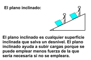 El plano inclinado: El plano inclinado es cualquier superficie inclinada que salva un desnivel. El plano inclinado ayuda a subir cargas porque se puede emplear menos fuerza de la que sería necesaria si no se empleara. 
