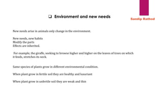 ❑ Environment and new needs
New needs arise in animals only change in the environment.
New needs, new habits
Modify the parts
Effects are inherited.
For example, the giraffe, seeking to browse higher and higher on the leaves of trees on which
it feeds, stretches its neck.
Same species of plants grow in different environmental condition.
When plant grow in fertile soil they are healthy and luxuriant
When plant grow in unfertile soil they are weak and thin
Sandip Rathod
 