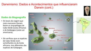 Darwinismo: Dados e Acontecimentos que influenciaram
Darwin (cont.)
Dados da Biogeografia
• Os locais da viagem que
mais marcaram Darwin
foram os arquipélagos de
Cabo Verde (costa africana)
e de Galápagos (costa sul-
americana).
• Ele verificou que as espécies
de Cabo Verde eram
semelhantes às da Costa
africana, mas diferentes das
espécies de Galápagos.
 