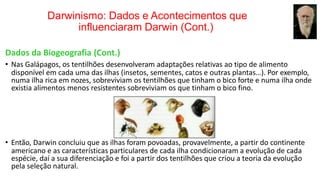 Darwinismo: Dados e Acontecimentos que
influenciaram Darwin (Cont.)
Dados da Biogeografia (Cont.)
• Nas Galápagos, os tentilhões desenvolveram adaptações relativas ao tipo de alimento
disponível em cada uma das ilhas (insetos, sementes, catos e outras plantas…). Por exemplo,
numa ilha rica em nozes, sobreviviam os tentilhões que tinham o bico forte e numa ilha onde
existia alimentos menos resistentes sobreviviam os que tinham o bico fino.
• Então, Darwin concluiu que as ilhas foram povoadas, provavelmente, a partir do continente
americano e as características particulares de cada ilha condicionaram a evolução de cada
espécie, daí a sua diferenciação e foi a partir dos tentilhões que criou a teoria da evolução
pela seleção natural.
 