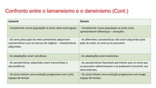 Confronto entre o lamarwismo e o darwinismo (Cont.)
Lamarck Darwin
- Inicialmente numa população os seres vivos eram iguais. - Inicialmente numa população os seres vivos
apresentavam diferenças – variações.
- Os seres pela ação do meio (ambiente) adquiriram - As diferentes características não eram adquiridas pela
características (uso ou desuso de órgãos) – características ação do meio, os seres já as possuíam.
adquiridas.
- As adaptações eram somáticas. - As adaptações eram evolutivas.
- As características adquiridas eram transmitidas à
descendência.
- As características favoráveis permitiam que os seres que
as possuíam sobrevivessem e as pudessem transmitir aos
descendentes.
- Os seres tinham uma evolução progressiva num curto
espaço de tempo.
- Os seres tinham uma evolução progressiva num longo
espaço de tempo.
 